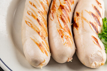 White sausage grill Bockwurst pork meat Bratwurst natural food vegetables dish organic product...