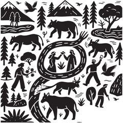 A detailed vector illustration featuring a nature scene. It includes elements like mountains, trees, animals, and two people in a central oval.