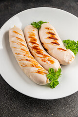 White sausage grill Bockwurst pork meat Bratwurst natural food vegetables dish organic product fresh tasty gourmet food background on the table rustic food top view copy space