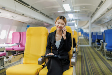 While flying to her next destination, an Asian businesswoman concentrates on refining her...