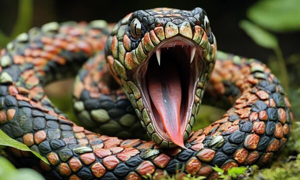 Venomous snake striking, rainforest floor, wildlife photography, nature