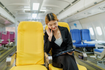 While flying to her next destination, an Asian businesswoman concentrates on refining her...