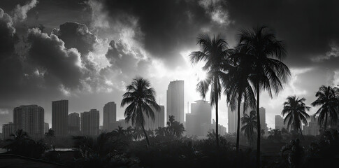 Black and white city skyline at sunset with palm trees silhouetted against dramatic clouds