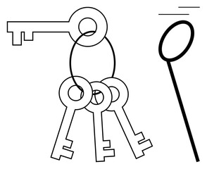 Cluster of four vintage-style keys on a circular loop beside a simplistic magnifying glass handle. Ideal for trust, security, search, mystery, solutions, investigation, discovery. Flat simple