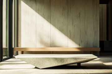 Modern geometric furniture placed near large windows in a bright interior space