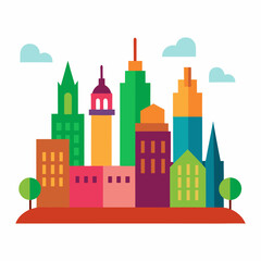Colorful Cityscape Illustration With Geometric Buildings Trees And Clouds