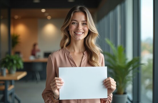 Smiling woman in modern office holds blank white certificate or paper. Happy female employee, corporate worker, business pro. Achievement award, recognition or positive presentation concept.