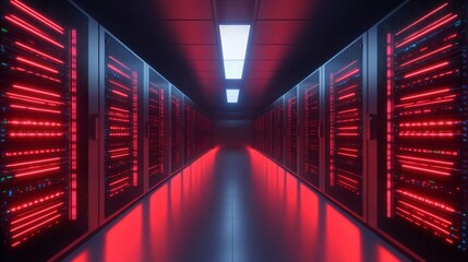 Futuristic data center corridor, illuminated with red lights, showcasing sleek server racks, highlights technology and innovation.