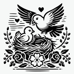 Dove and Chick Nestled Safely in a Nest