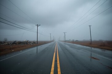 Fototapeta premium A desolate road stretches into the distance under a stormy sky, with rain falling and power lines lining the way, evoking a sense of isolation and foreboding.