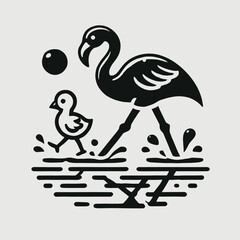 Flamingo and Chick Walking in Shallow Water