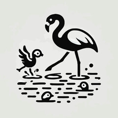 Flamingo and Chick Walking in Shallow Water