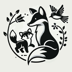 Fox and Kit with a Bird Nearby in the Wild