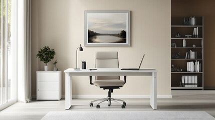Sleek and minimalist home office setup with a sleek desk, ergonomic chair, minimalist decor, and ample natural light, offering a functional and aesthetic workspace.