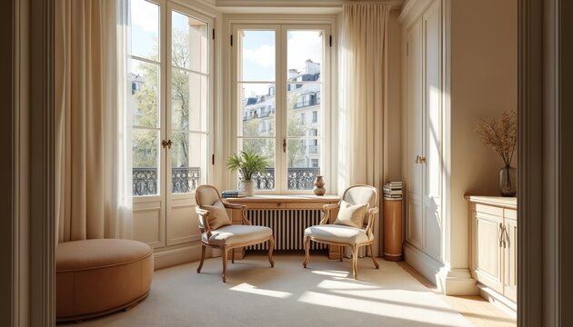 Chic Parisian apartment with home office nook. Elegant furniture and classic French windows create sophisticated interior. Soft sunlight, cozy atmosphere, perfect spot for work or relaxation.
