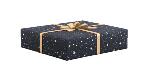 Untitled design -3D gift box with a navy blue color and a golden stars pattern, isolated on a transparent background