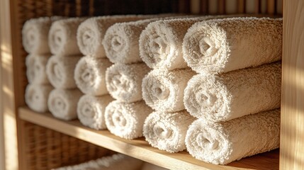 Rolled towels neatly stacked on shelves