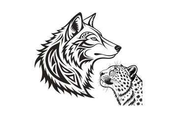 A silhouette tiger of a wolf head On white background, A werewolf attacking and angry face tribal tattoo.