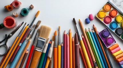 Naklejka premium Art Supplies Flat Lay on White Background with Copy Space – Paintbrushes, Crayons, Pencils, and Watercolors for School Project or Creative Class