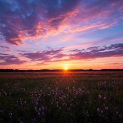Obraz premium Golden Hour Meadow: A vibrant and breathtaking golden hour scene unfolds across a picturesque meadow, where a captivating sunset paints the sky in hues of fiery orange, pink, and purple.