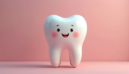Cute smiling cartoon tooth on pastel pink background. Healthy teeth concept, dentistry, dental care. Happy positive character represents healthcare. Smiling tooth face, healthy mouth, dental hygiene.