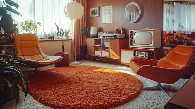 Retro living room with orange accents and vintage furnishings.