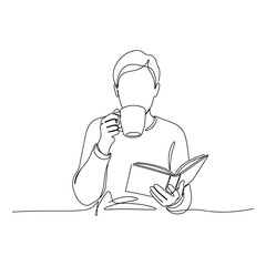 Simple vector design of a single connected line on a white background of a man reading a book and drinking coffee