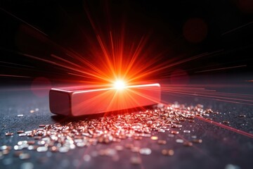 Laser Beam Hitting Metal with Sparks and Particles