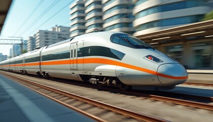 High-speed train races through city. Panning shot shows sharp focus train against blurred urban landscape. Motion, speed, modern transport technology. Travel, commuting, railway, transport efficiency