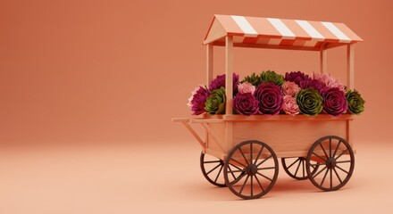 Colorful flower cart display with vibrant blooms against a soft peach background, ideal for decor - paper of art
