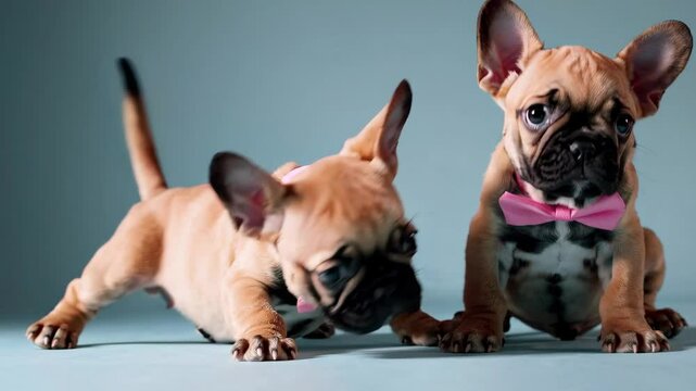 Playful french bulldog puppies in pink bows frolic and bond in a studio setting