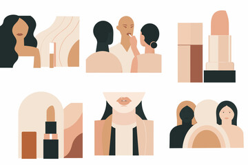 Set of abstract illustrations featuring beauty and makeup scenes with diverse women, lipsticks, and soft color tones. Minimalist modern style ideal for cosmetics, skincare, and wellness visuals.