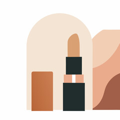 Minimalist illustration of a nude lipstick in abstract neutral background. Elegant flat design for cosmetic branding, beauty blogs, or fashion content.
