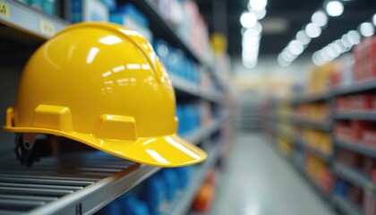 Yellow construction helmet on shelf with blur store inventory background. Symbol workplace safety campaign. Concept labour day, national safety month. Protective workwear, safety gear, hard hat.