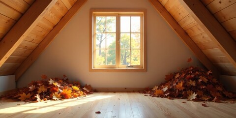 Serene Autumnal Attic Room with Sunlight Streaming Through a Window and Piles of Fallen Leaves on Wooden Floor
