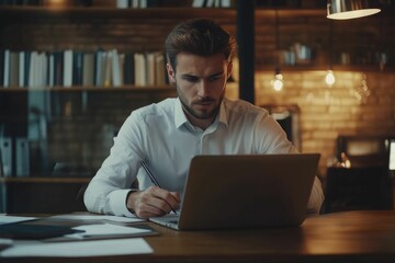 Serious and confident male businessman using laptop computer, taking notes. Work project in modern office. 25 year old male. Finance man working with documents in office. Successful business