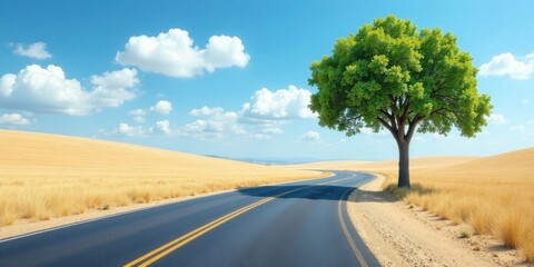 Asphalt road curving through golden fields under a vibrant summer sky, a single lush green tree standing sentinel beside the path