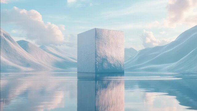 White cube floating on water with snowy mountains background