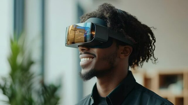 Young man with virtual reality headset smiling