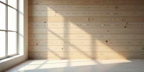 Sunlight Illuminates a Room with Light Wooden Walls and a Large Window