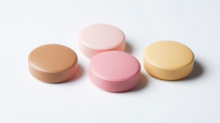 Obraz premium Four pastel-colored round objects arranged on a white background.