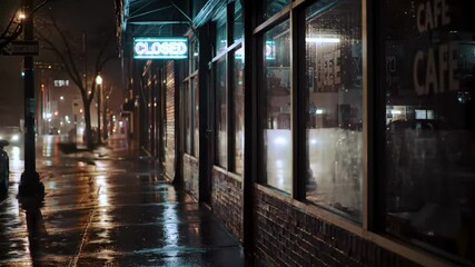 A wet city street at night during rainfall, focusing on a closed cafe storefront with a glowing blue neon "Closed" sign. Cars pass by, reflecting lights on the sidewalk. Great for depicting late-night