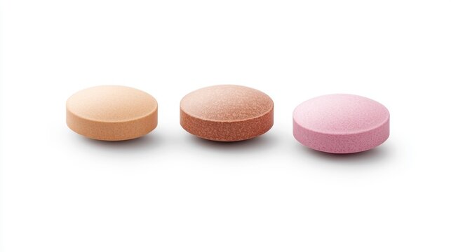 Three round pills in different pastel colors arranged in a row on a white background.