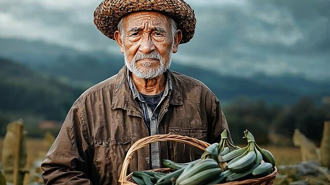 Elderly Farmer Harvesting Fresh Green Bananas in Lush Countryside Landscape