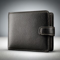 Naklejka premium A sleek black leather wallet displayed on a subtle gradient background, showcasing its texture and design.