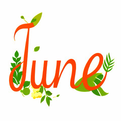 month of june text lettering with floral elements calendar sheet cartoon vector illustration