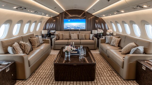 Luxurious private jet interior.  Spacious lounge area with plush seating,  high-end finishes, and entertainment system