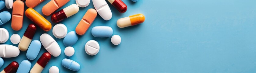 A colorful array of various pills and capsules scattered on a light blue background, showcasing different shapes and sizes.