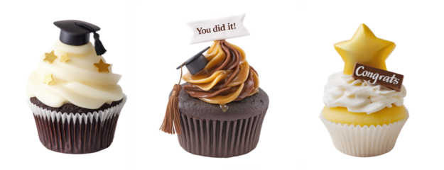 Graduation celebration cupcakes with academic cap, gold stars, congratulatory banners, and decorative icing, chocolate and vanilla flavors, isolated on transparent background
