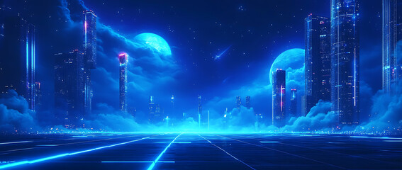 Futuristic cityscape background with glowing blue lights and digital grid lines on a dark blue background